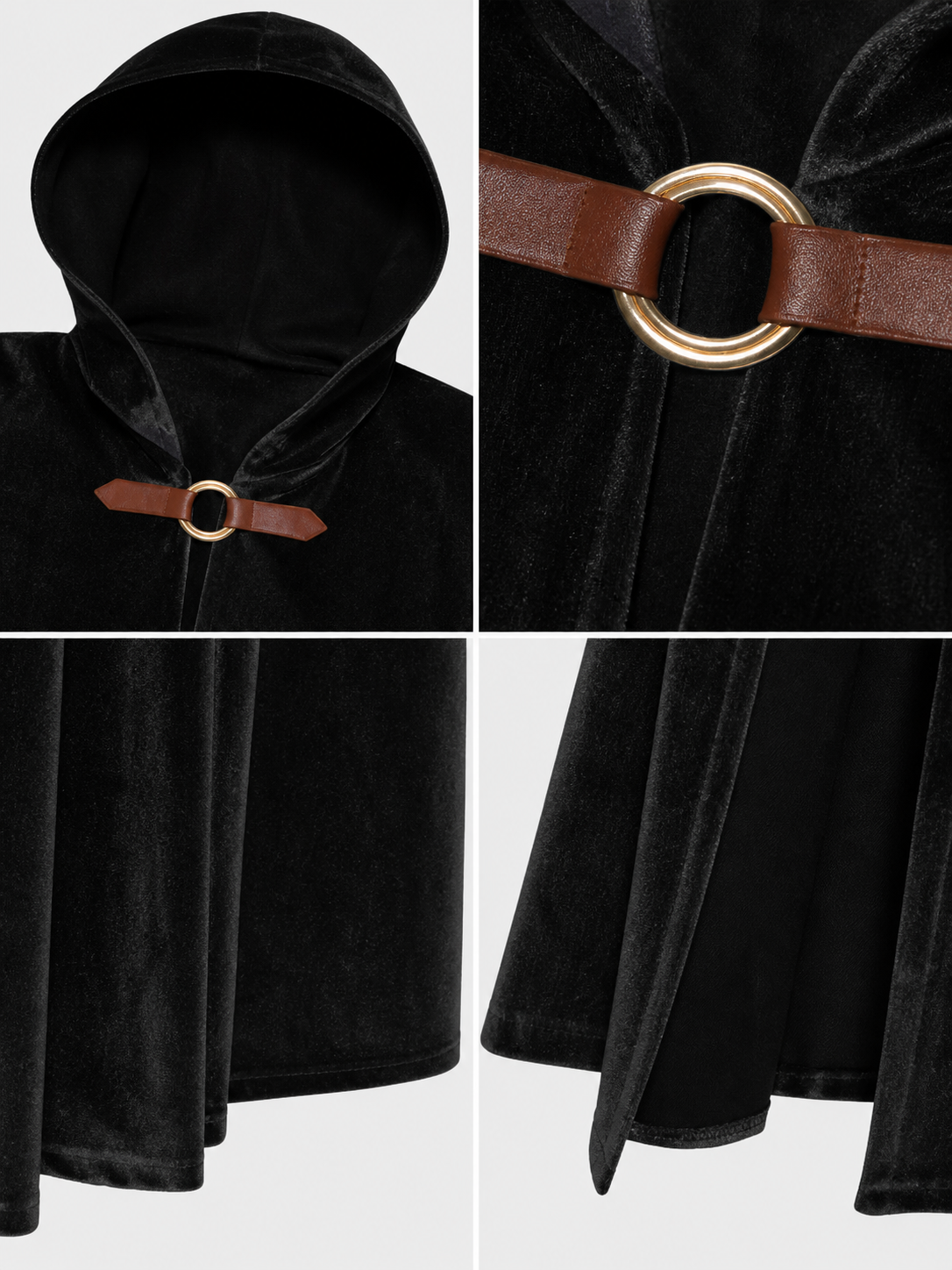 Medieval Warrior Halloween Hooded Cape Costume, 1-Piece Long Black Cloak With Brown Neck Buckle For Cosplay Performance