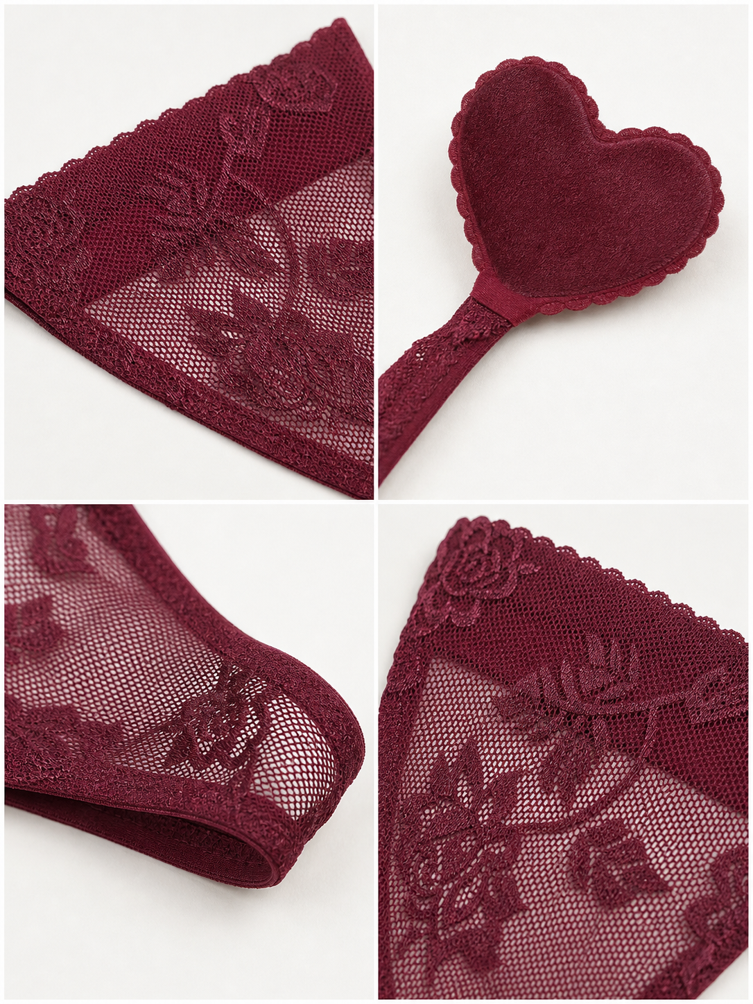 Lace triangle panties, 3-pack (burgundy, nude, purple) detail view