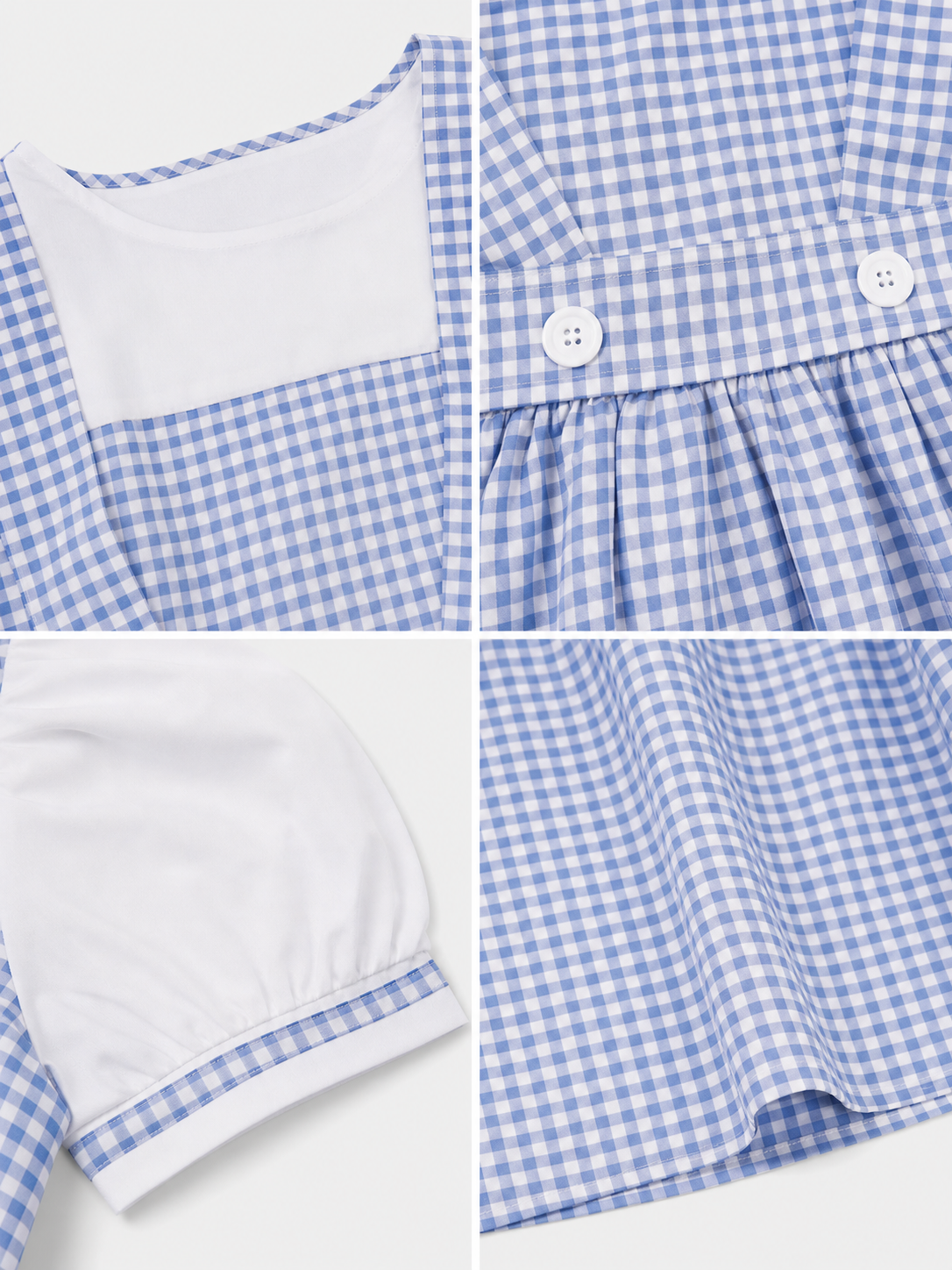 Blue-and-White Check Dress with Puff Sleeves