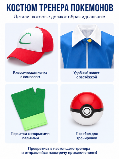 Pokémon Trainer Costume with Cap and Ball detail view