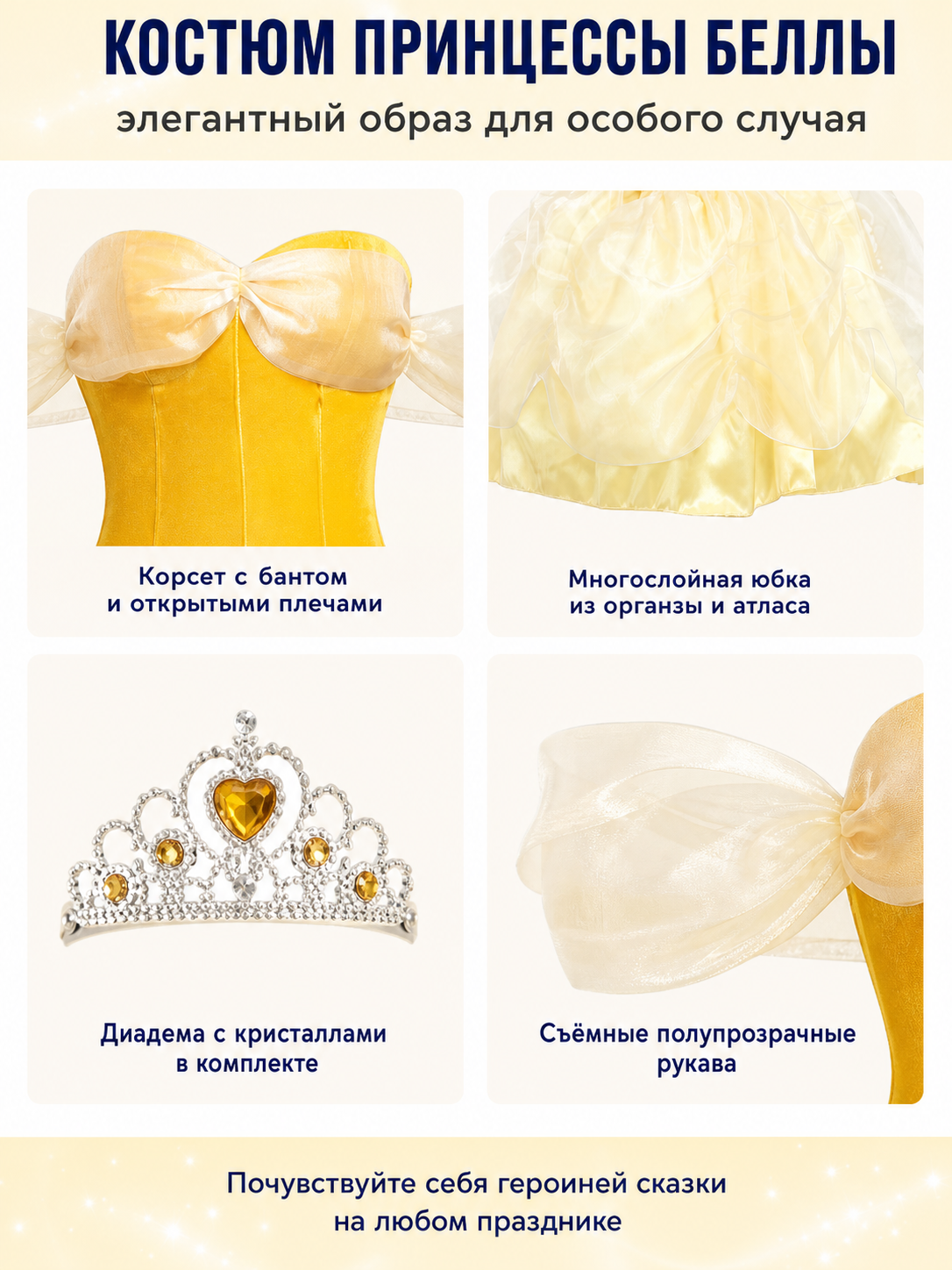 Yellow Princess Dress with Full Skirt and Bow detail view
