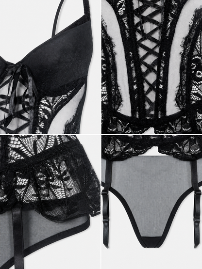 Erotic Bodysuit with Lace Pattern and Garters detail view