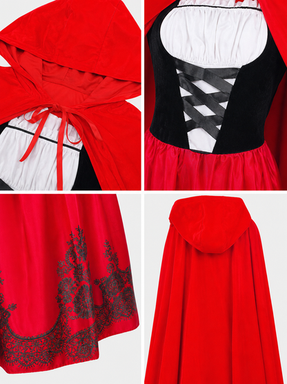 Red Hooded Cape and Retro-Style Dress