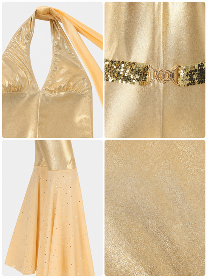 A gold-and-champagne jumpsuit in a retro disco style, suitable for creating an detail view