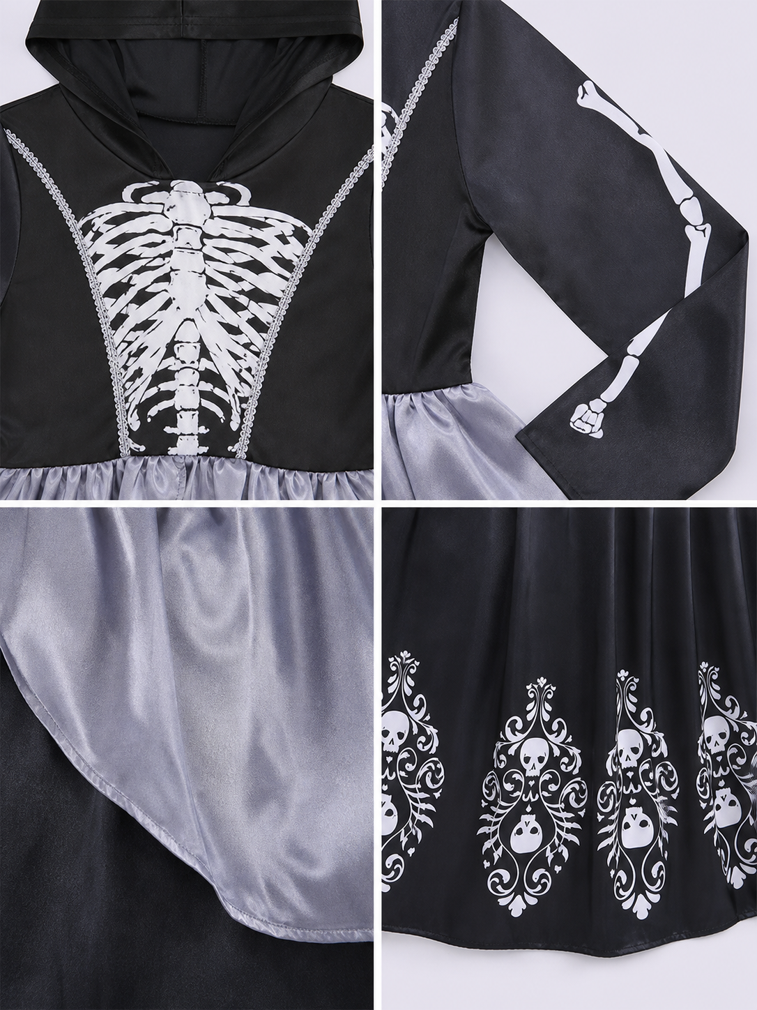 Hooded Cosplay Dress with Skeleton Print