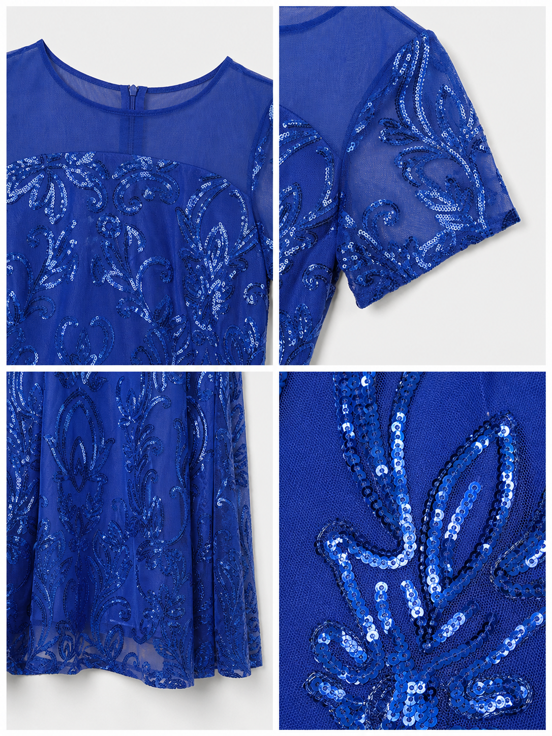 Blue evening dress with floral pattern and sequins