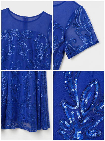 Blue evening dress with floral pattern and sequins