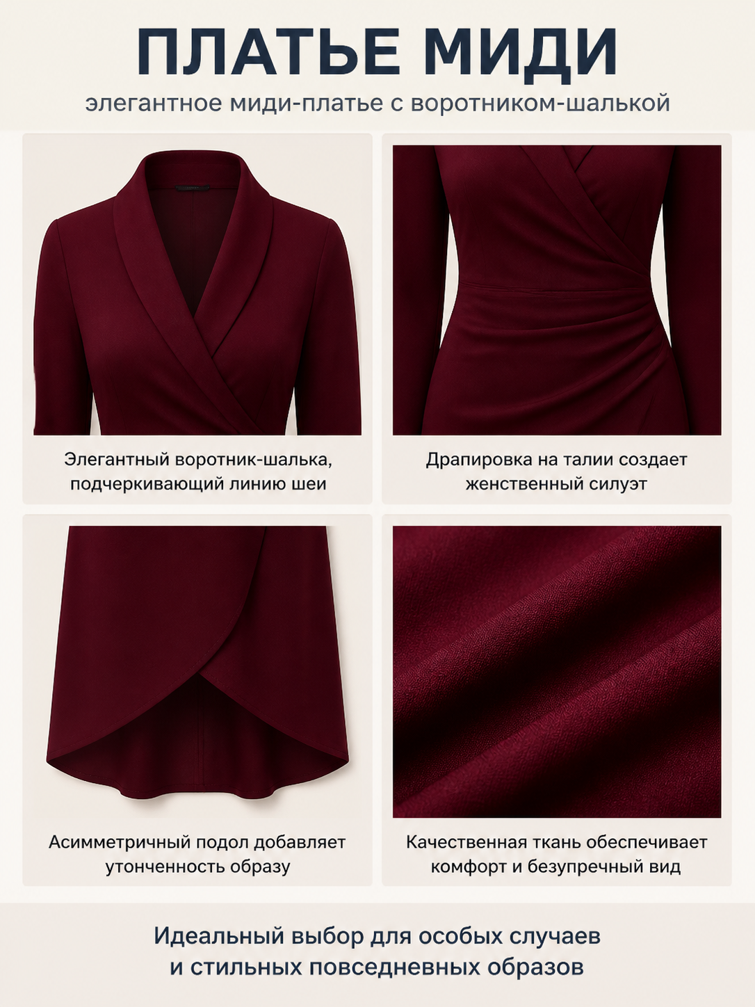 Burgundy Dress with a V-Neck and Asymmetrical Hem detail view
