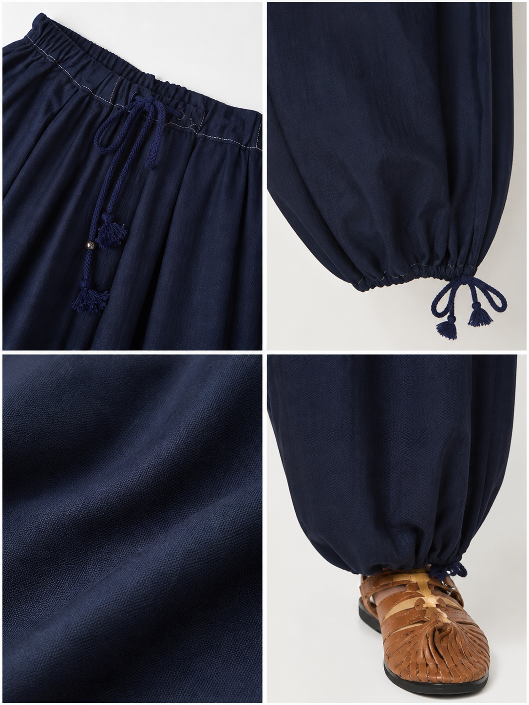Dark Blue High-Waisted Wide-Leg Pants with Drawstring Hems