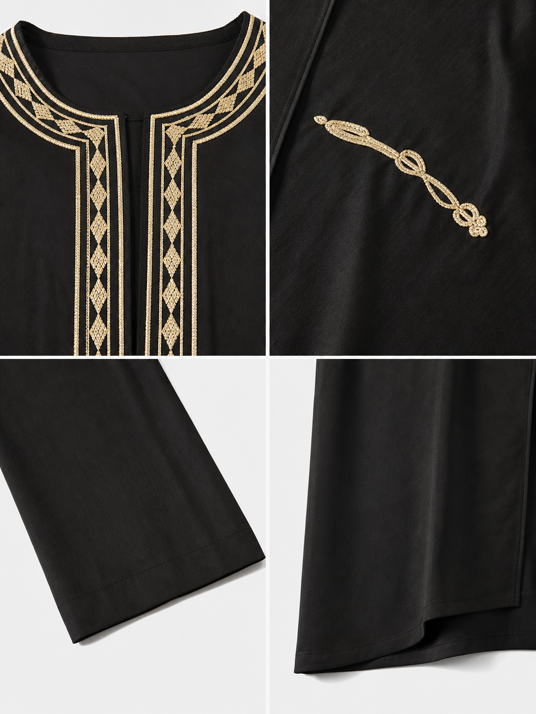 Long Black Abaya with Gold Collar Trim