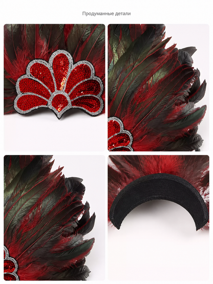 Carnival Headpiece with Red and Black Feathers detail view