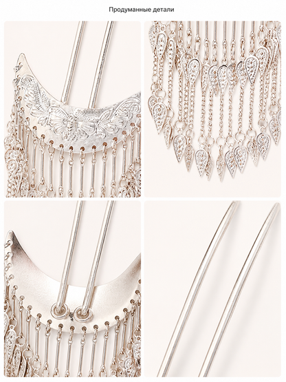 Silver Carnival Headpiece with Moon and Tassels detail view