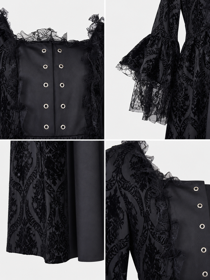 Gothic Vintage Maxi Dress with Lace Trim