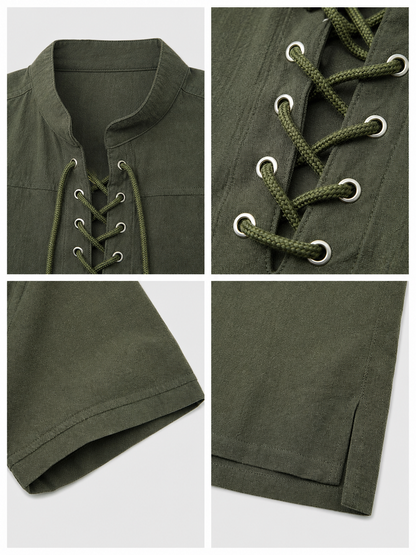 Green Short-Sleeve Lace-Up Shirt