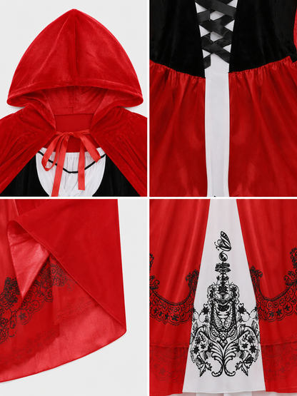 Dress with Hooded Cape, Red-and-Black Look