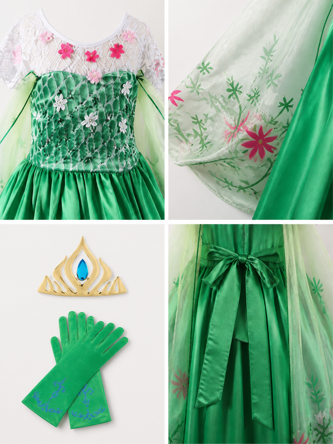 Carnival Costume with Green Dress, Crown, and Gloves