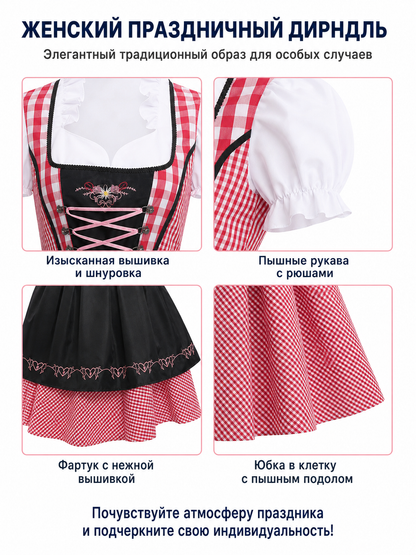 Dirndl with a Full Skirt and Red-and-White Checkered Apron detail view