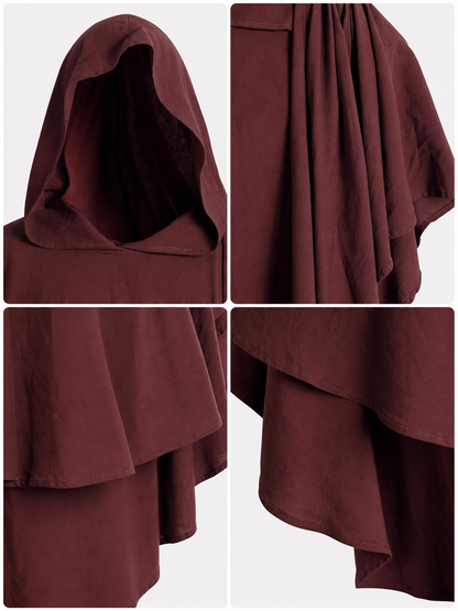 Detail views of the dark red cloak: deep attached hood, gathered shoulder pleats and layered hem
