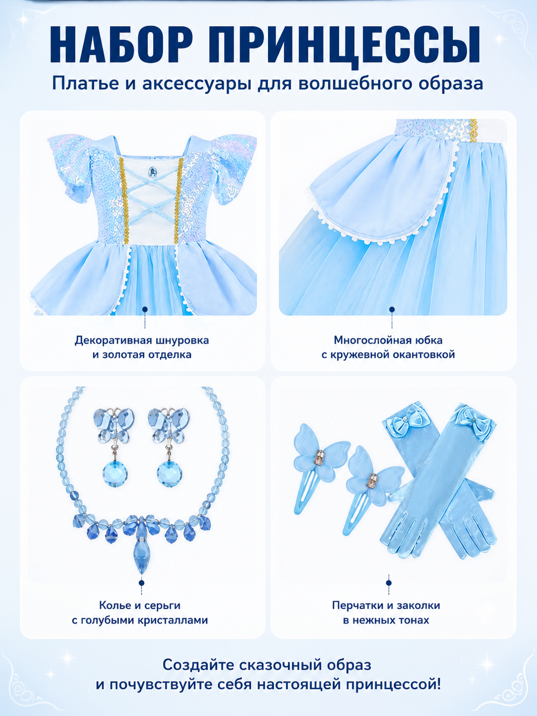 Cinderella Costume with Blue Dress and Accessories detail view
