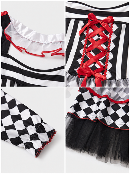 Clown Carnival Costume: Dress, Gloves, and Cap