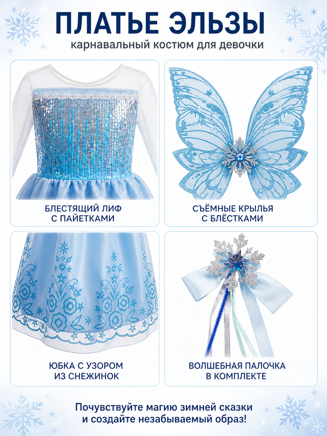 Blue Princess Costume with Butterfly Wings and Crown detail view