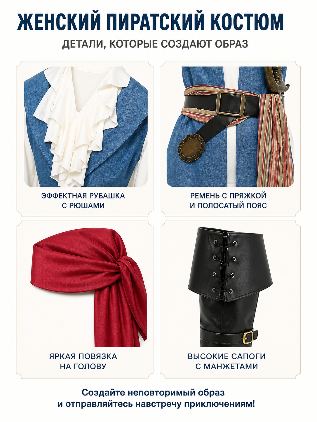 Pirate Costume with Vest and Striped Scarf detail view