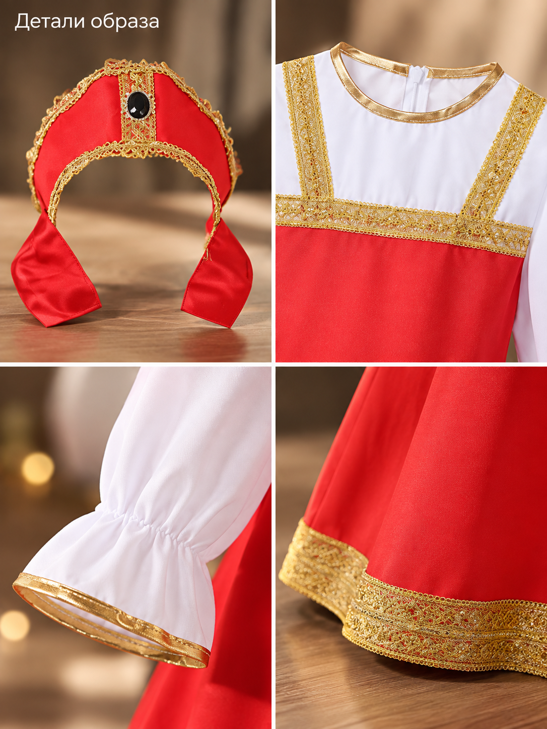 gold children_red_ethnic_stage_dress_with_head_accessory detail image