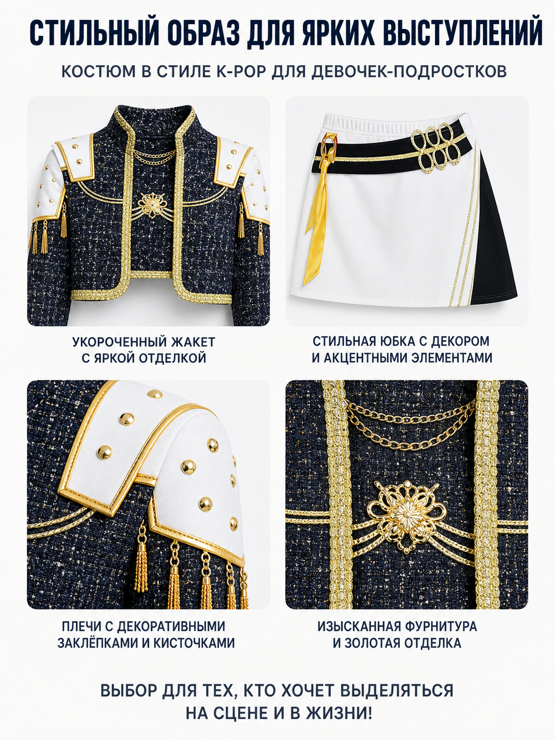 Black-and-Gold Cosplay Costume with White Skirt detail view