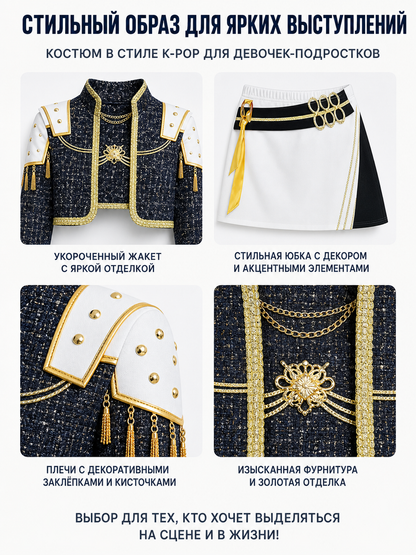 Black-and-Gold Cosplay Costume with White Skirt detail view