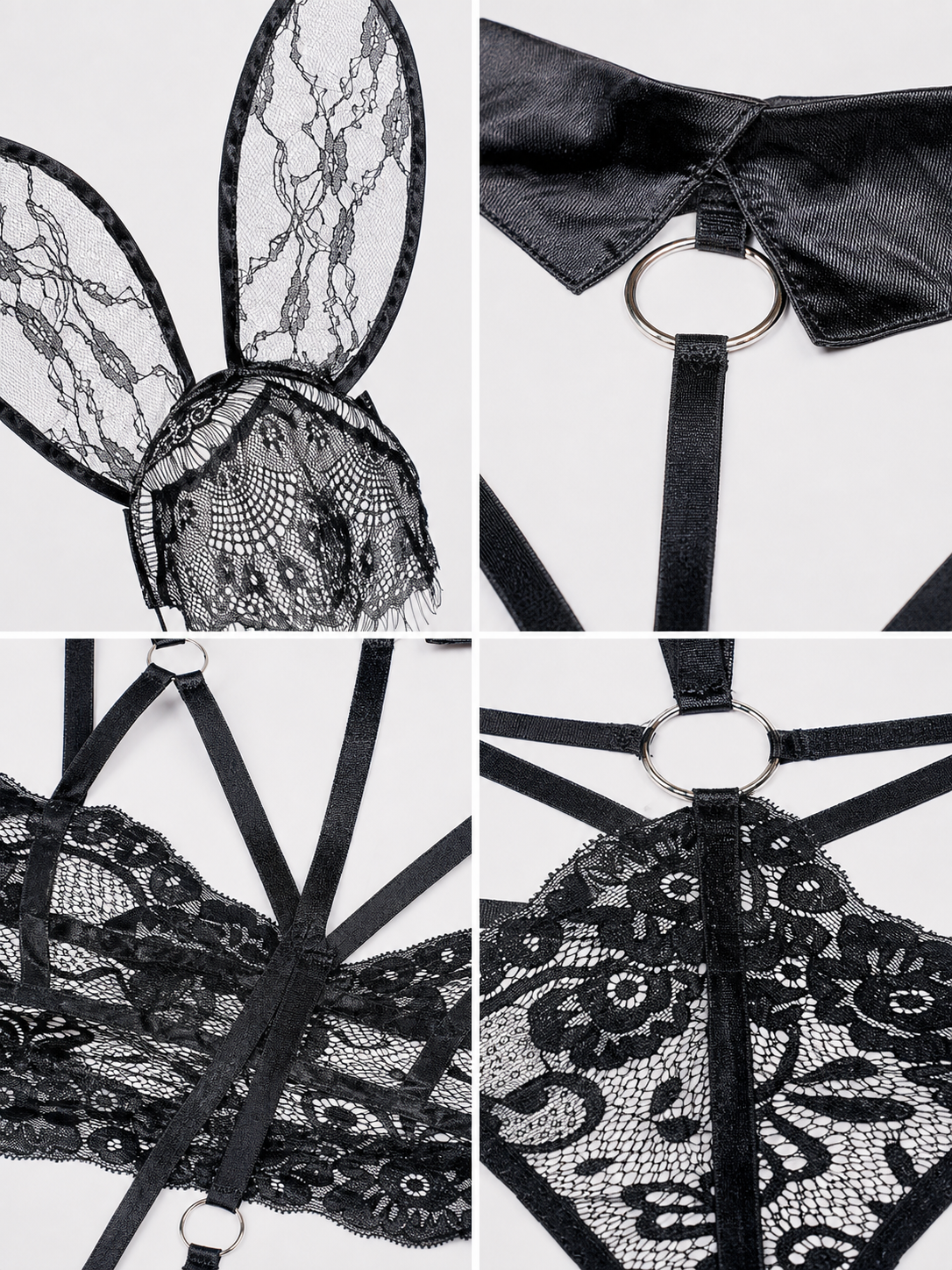 Lace Bunny Costume with Ears and Decorative Straps