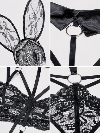 Lace Bunny Costume with Ears and Decorative Straps