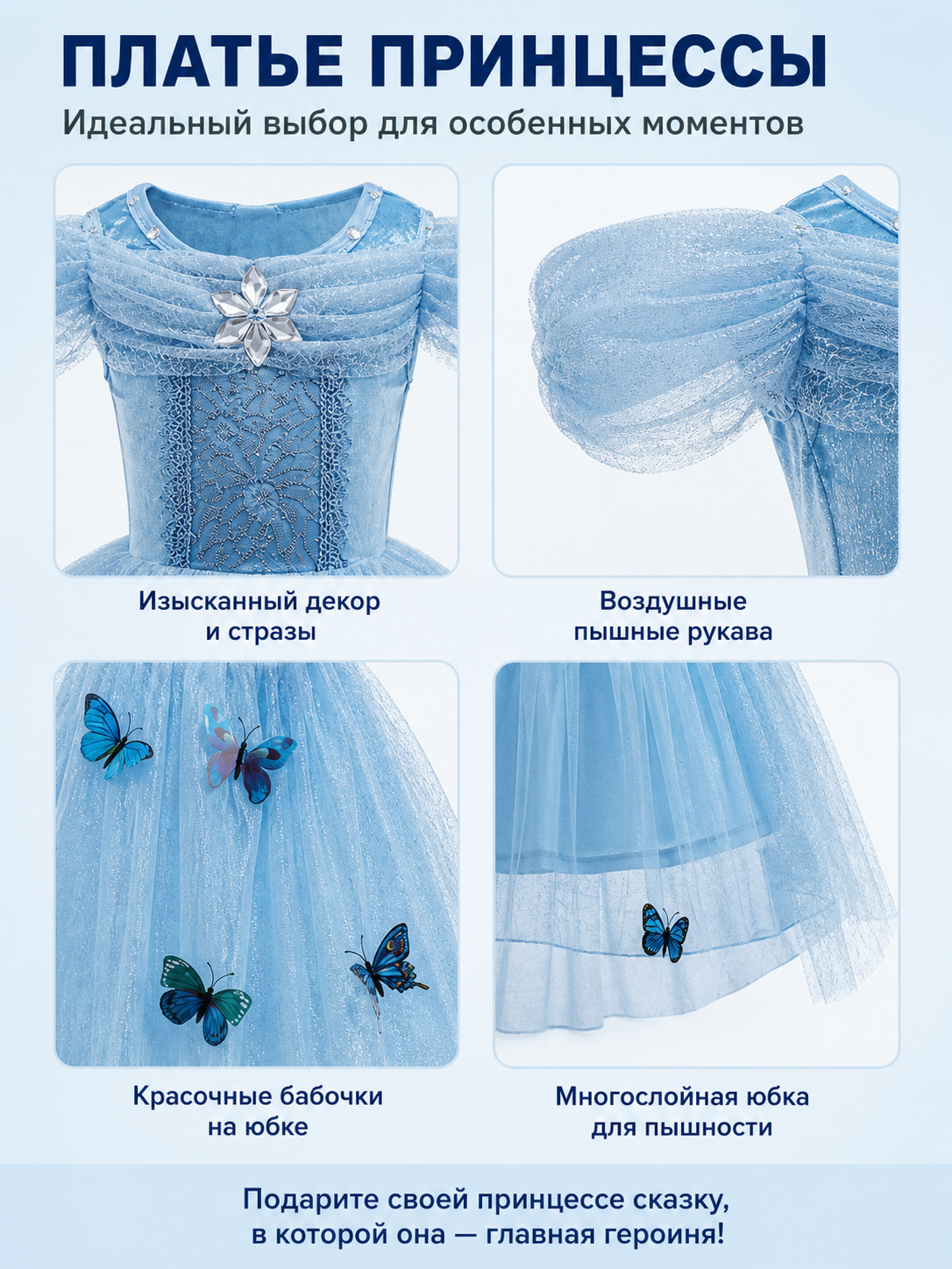 Blue Layered Children's Dress with Butterflies detail view