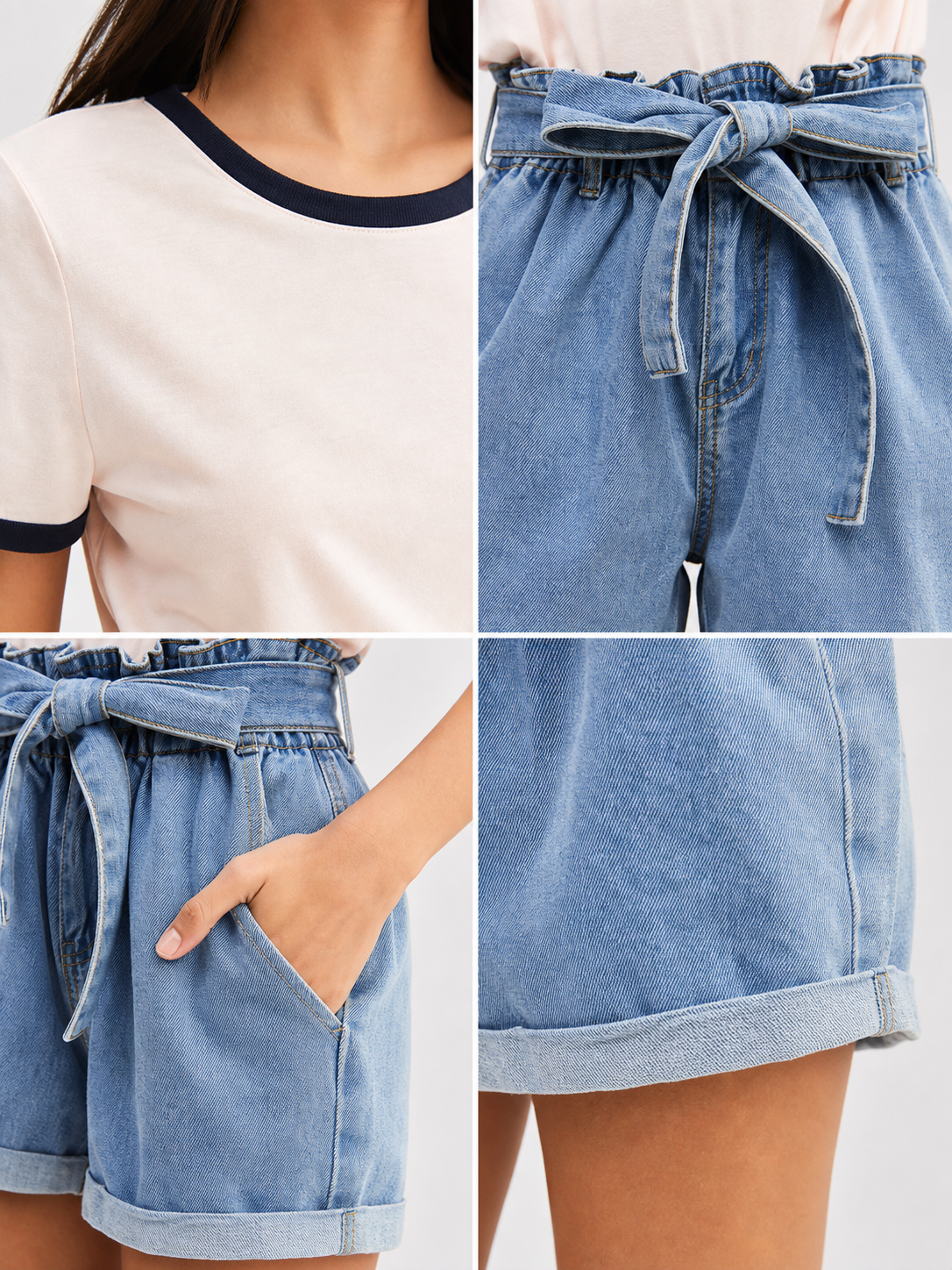 Blue Relaxed-Fit High-Rise Denim Shorts with Tie Waist detail view