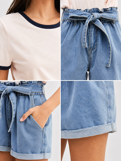 Blue Relaxed-Fit High-Rise Denim Shorts with Tie Waist detail view