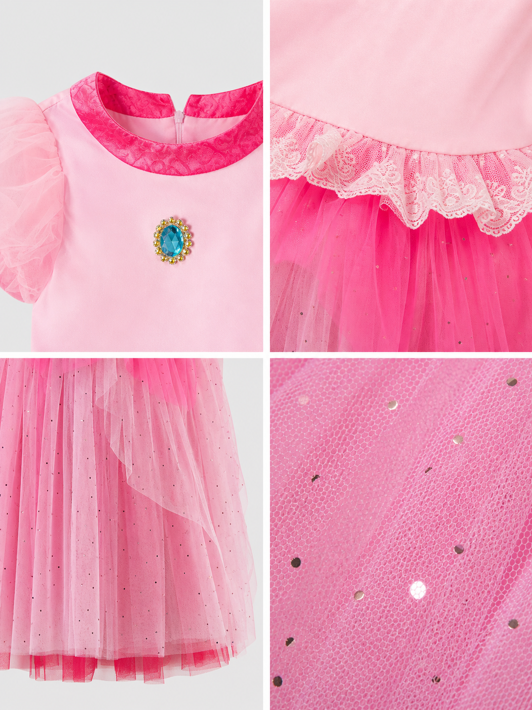 A bright pink Princess Peach costume created for transforming into a fairytale