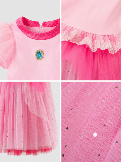 A bright pink Princess Peach costume created for transforming into a fairytale