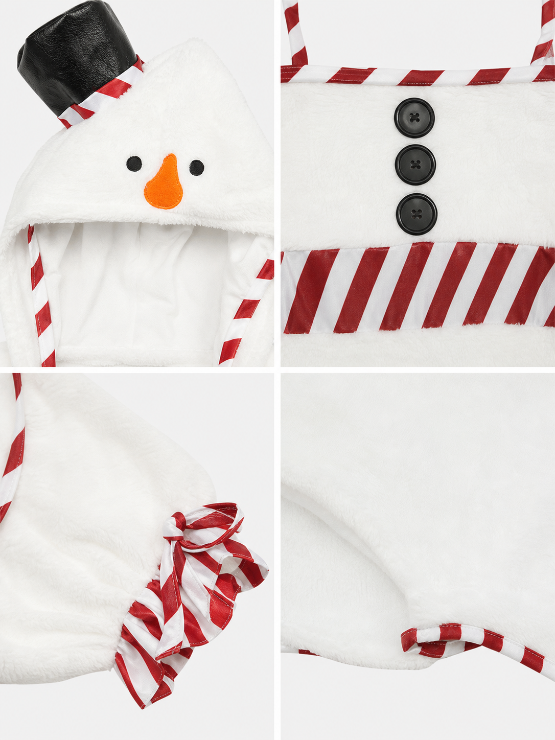 The Christmas Snowman costume is designed as a white snow character and includes a one-piece body with short sleeves and shorts, a white pointed hat, and white high leg gaiters. The design uses white, red, black, and orange colors. A red-an