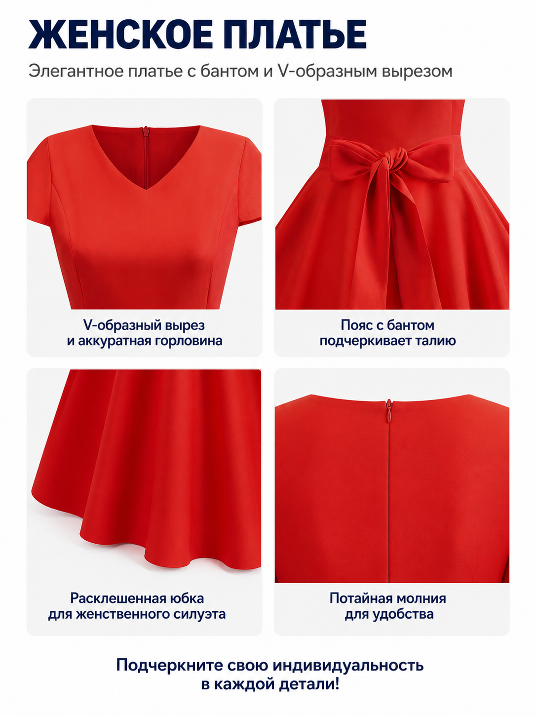 Red Dress with a V-Neck, Bow, and Ribbon detail view