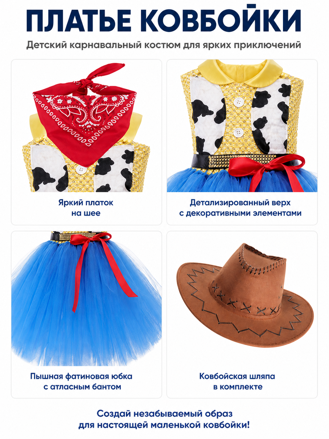 Children’s cowgirl costume with a tutu skirt, hat, and neckerchief