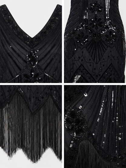 Black Art Deco flapper dress with fringe