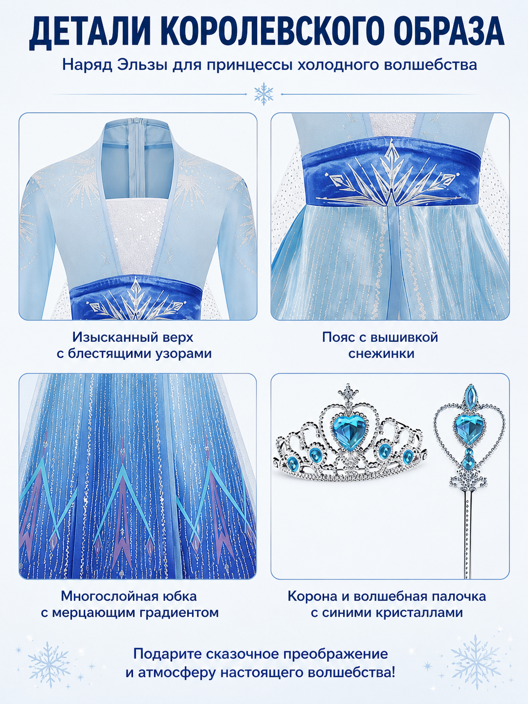 Elsa Costume, Long Dress with Cape and Crown detail view