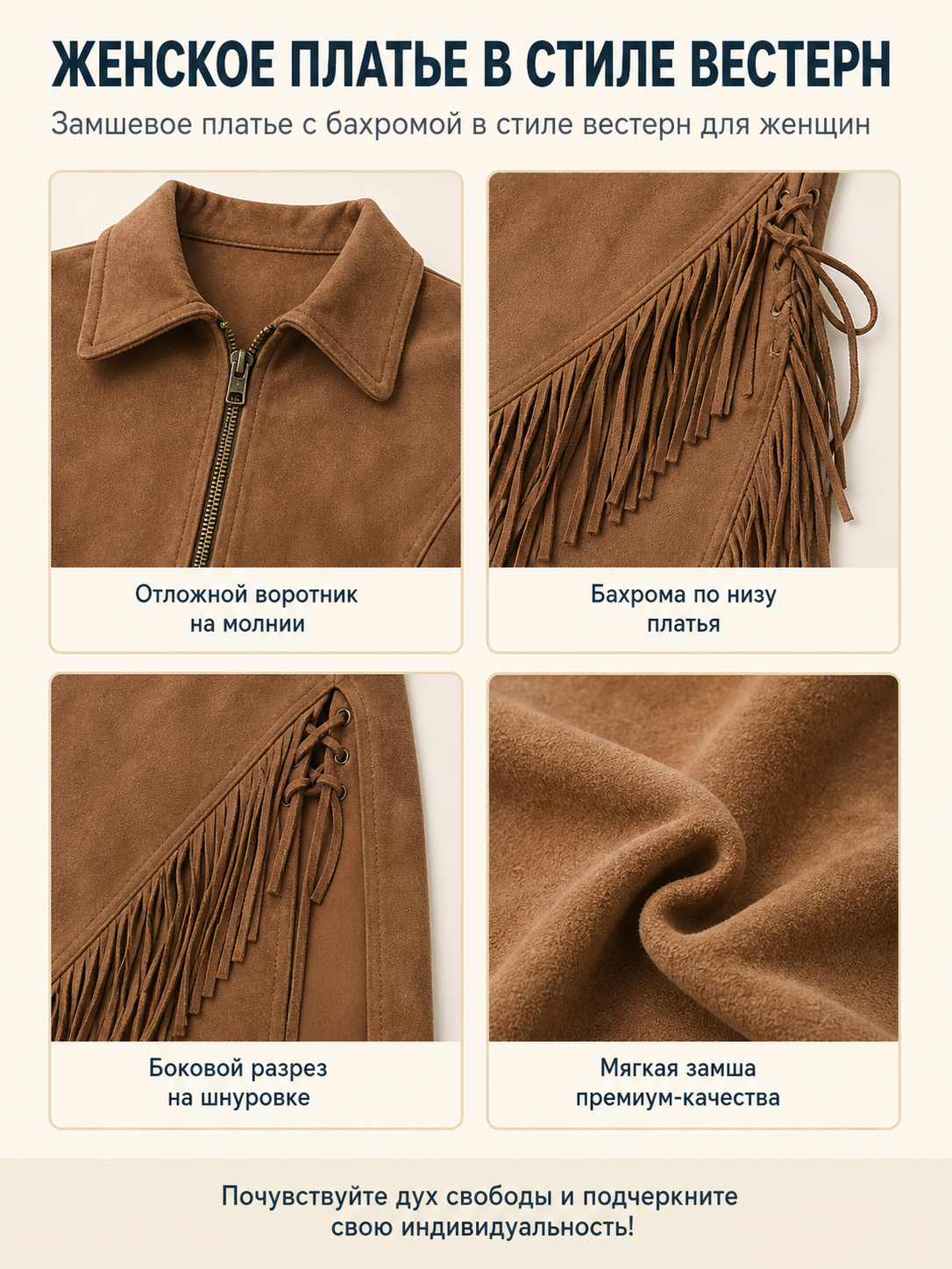 Long-Sleeve Dress with Collar and Fringe detail view