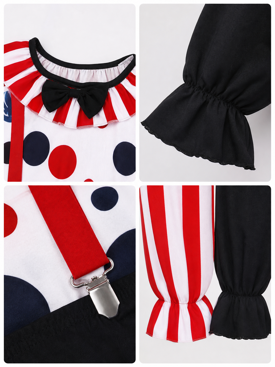 This colorful clown costume is designed for themed looks, cosplay, Halloween, costume parties, and stage performances. The set features an expressive theatrical style with a contrasting combination of white, black, and red, dark blue accent