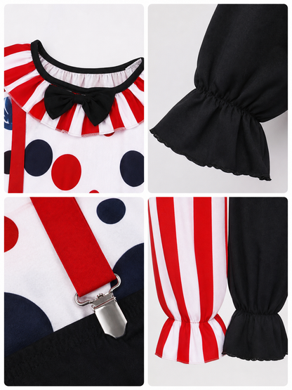 This colorful clown costume is designed for themed looks, cosplay, Halloween, costume parties, and stage performances. The set features an expressive theatrical style with a contrasting combination of white, black, and red, dark blue accent