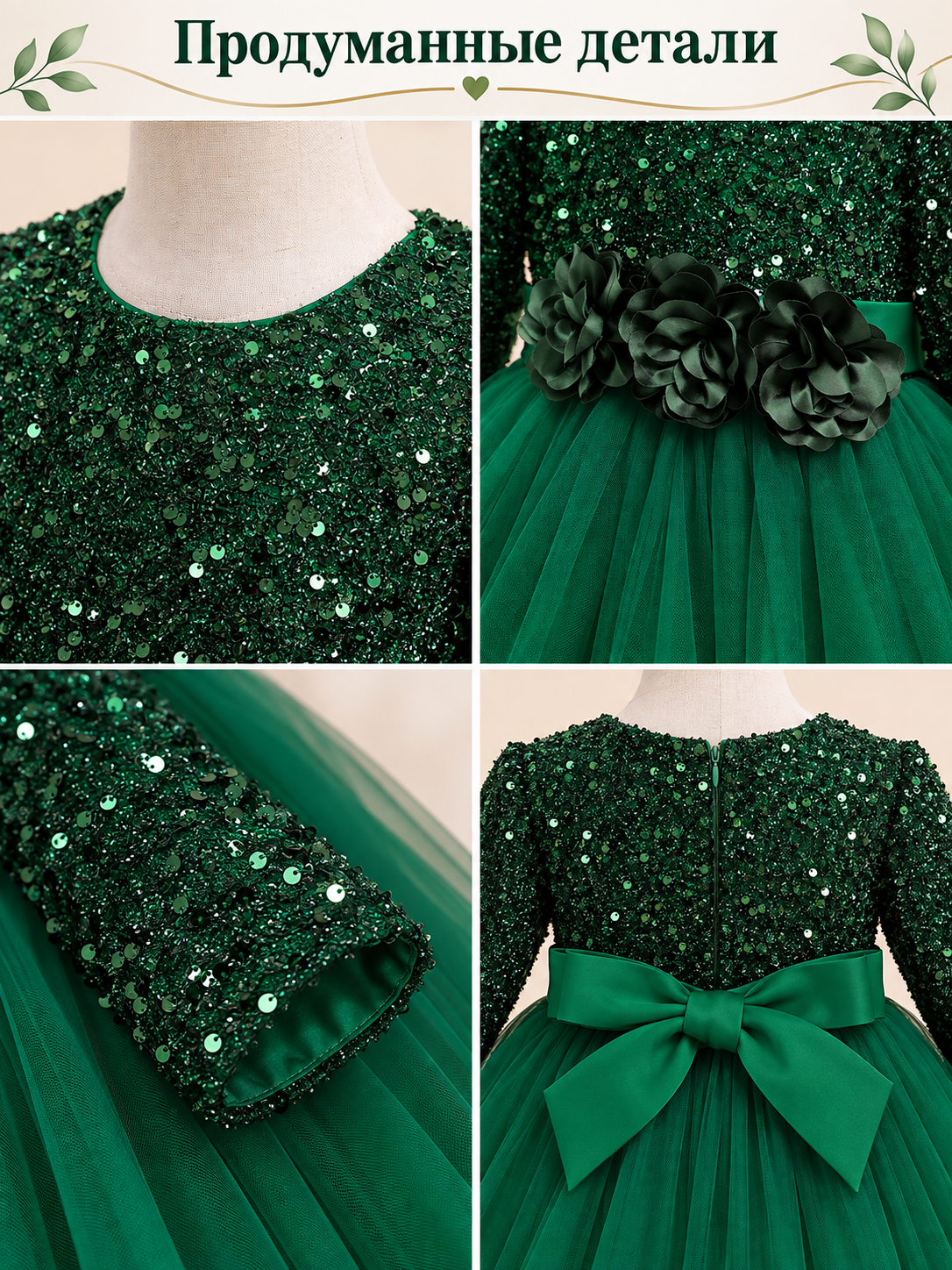 Dark green long dress with sequins and a bow