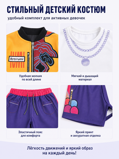 Children's set with an orange jacket and purple shorts detail view