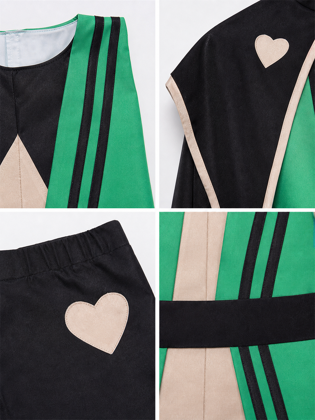 Theatrical jester-clown costume in a black-and-green style for cosplay. The set