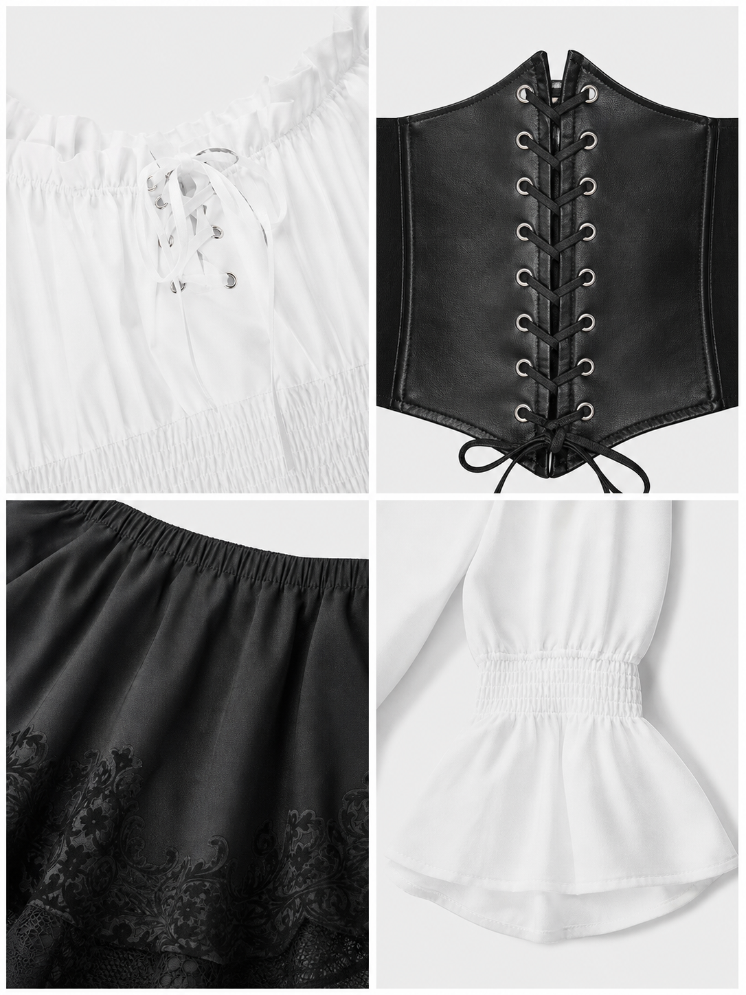 The set is designed in a theatrical pirate style and consists of a white cropped off-the-shoulder top with voluminous puff sleeves, a black corset with front lacing and metal eyelets, and a black asymmetrical skirt with elongated pointed pa