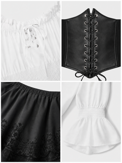 The set is designed in a theatrical pirate style and consists of a white cropped off-the-shoulder top with voluminous puff sleeves, a black corset with front lacing and metal eyelets, and a black asymmetrical skirt with elongated pointed pa