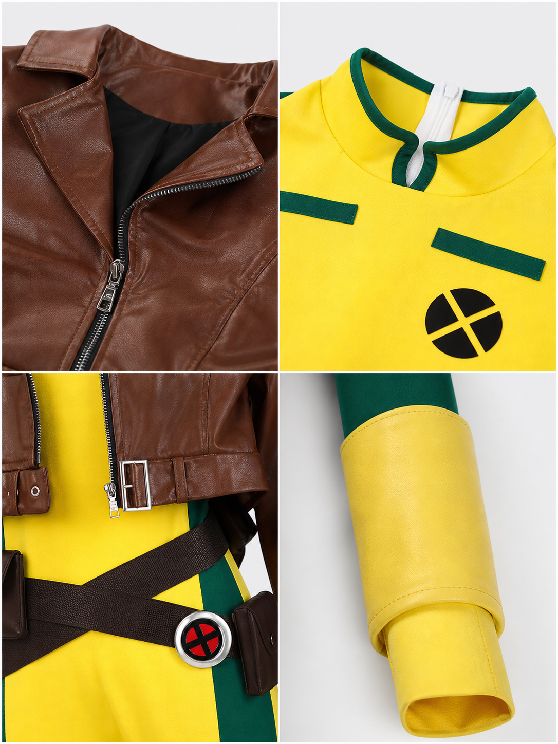 X-Men character cosplay set in a rich color combination of brown, red, green, yellow, and black. The set includes a sleeveless yellow-and-green jumpsuit with symmetrical black decorative graphic elements on the chest, along with a cropped b